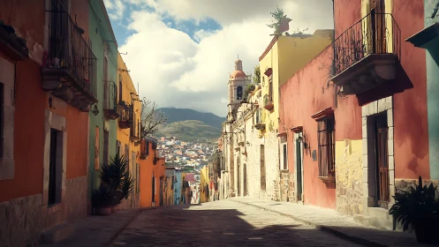 Photorealistic colonial street with colorful facades and depth perspective.