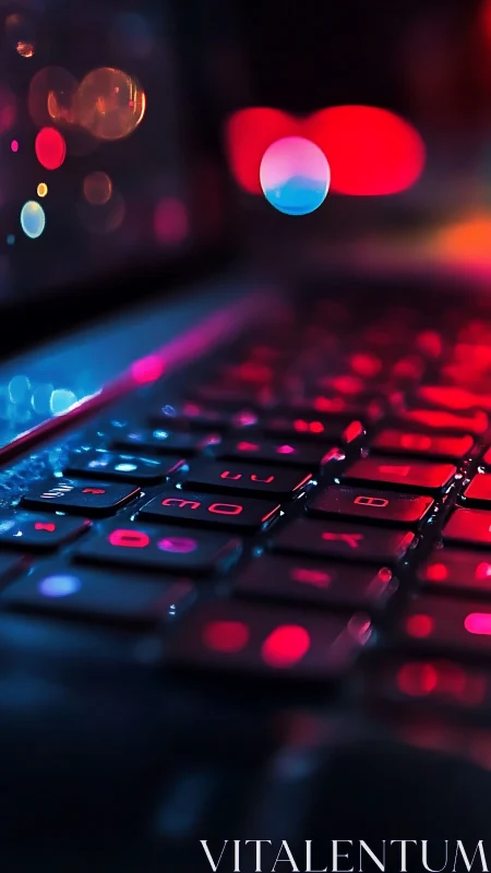 Neon laptop keyboard with defocused cyberpunk bokeh glow.