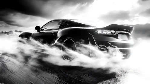 Sleek sports car drifts through stormy smoke on wet asphalt