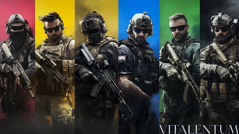 Tactical military operators in segmented colored panels.