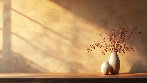 Sunlit ceramic vases stand on wooden surface by textured wall