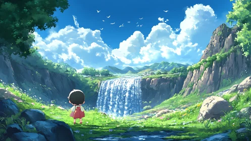 Child’s quiet wonder before a sunlit valley waterfall.