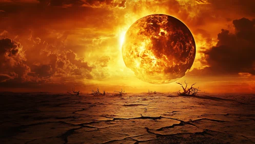 Large fiery planet over cracked barren desert plain.