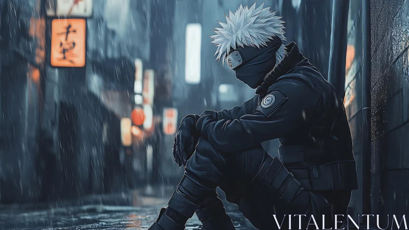 Quiet moment of a masked warrior resting in the rainy alley