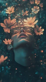 Figure lies among glowing flowers with luminous particle field