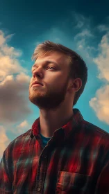 Young man in red plaid shirt gazes upward under vivid sky