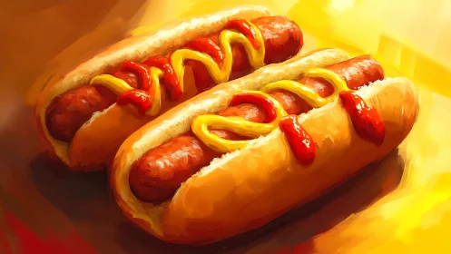 Twin hot dogs in painterly light with vivid condiments.