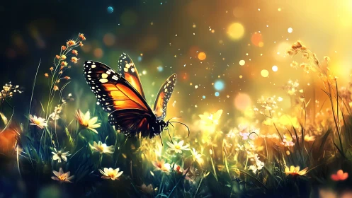 Sunlit monarch drifts through glittering wildflower dreamscape.