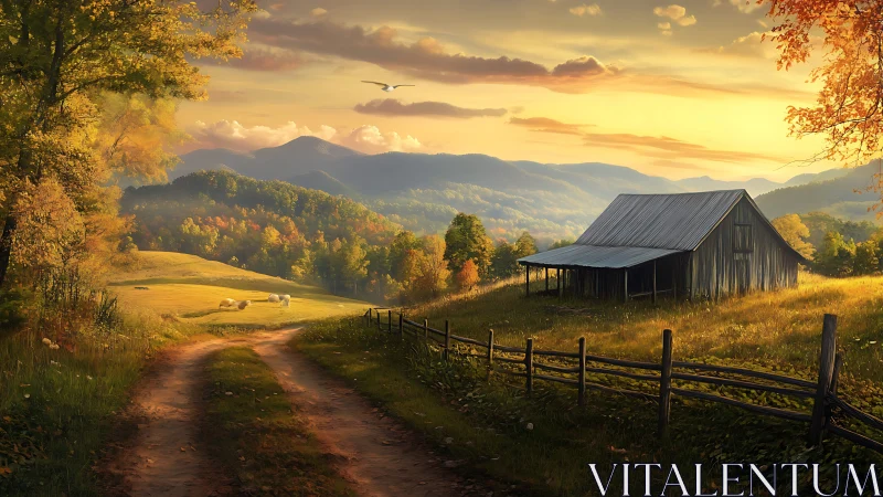 Golden hour farmhouse beside winding rural dirt road.