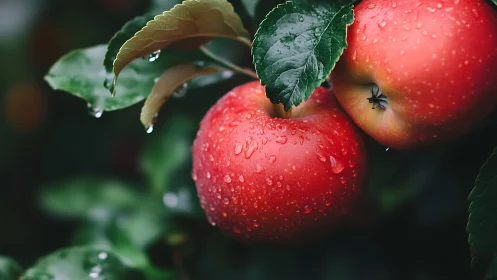 Ripe red apples with raindrops in soft garden bokeh background.