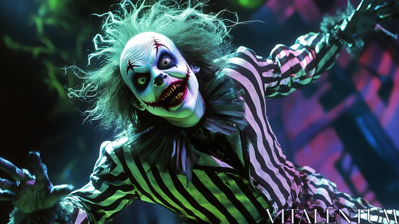 Horror clown lunging forward in neon striped costume.