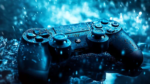 Game controller rests in blue water with raindrops falling