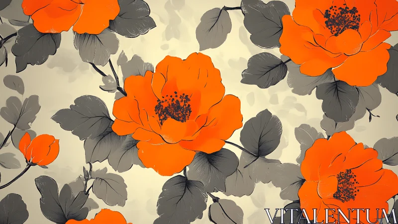 Orange Floral Pattern with Gray Foliage.