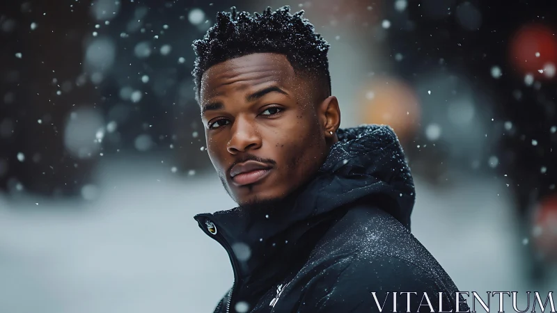 Man in winter jacket stands in snowfall with steady gaze