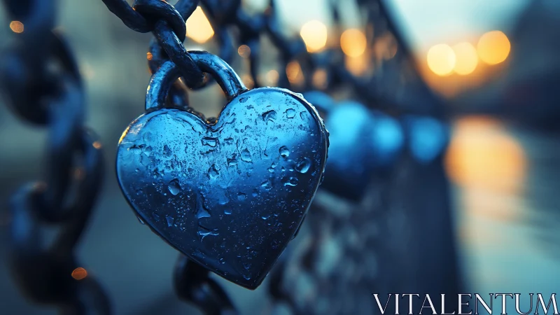 Blue Heart Lock with Water Droplets.