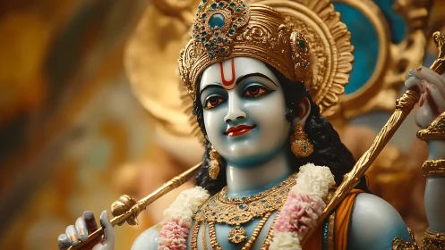 Ornate blue-skinned deity statue rendered in vivid digital detail