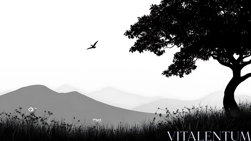 Solitary tree silhouettes calm hills beneath silent sky.