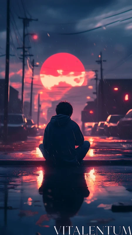 Midnight dreamer under neon moon on rain-slicked street.