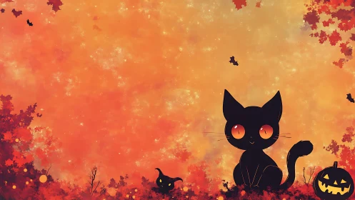 Black Cat with Glowing Eyes in Autumn Dusk Scene