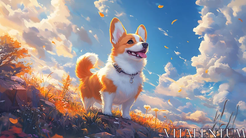 Welsh corgi dog in golden hour field under dramatic clouds