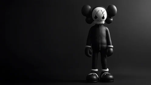 Monochrome skull-headed vinyl character in studio lighting.