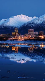 Snowlit mountain city glows softly above calm icy waters
