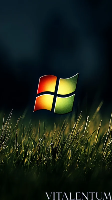 Glowing quad window emblem hovering above twilight grassland.