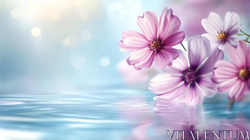 Cosmos flowers rendered with shallow depth of field reflecting through water surface