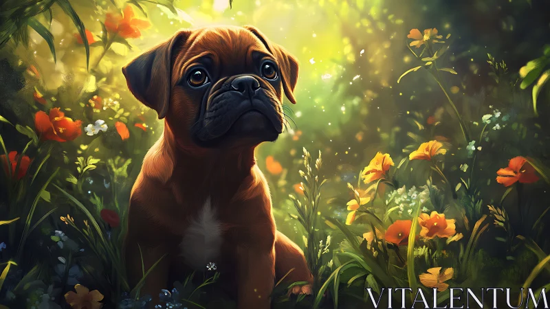 Puppy portrait rendered in soft bokeh light within dense wildflowers