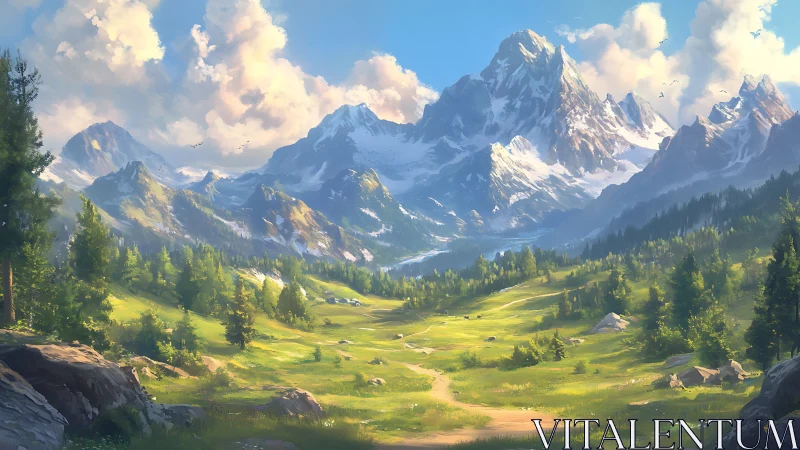 Sunlit alpine valley unfolds beneath dramatic snow peaks