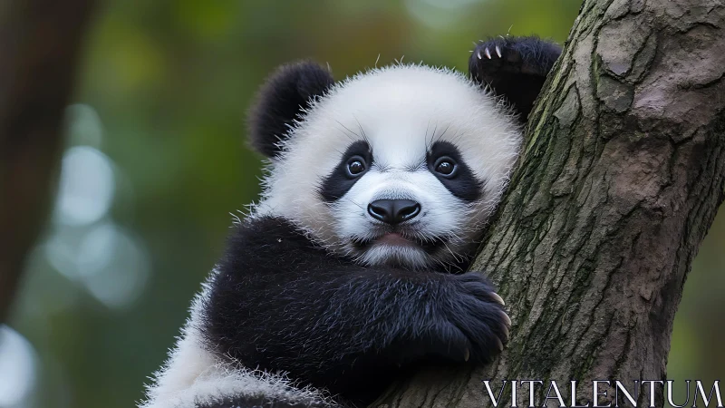 Juvenile giant panda in arboreal grip, telephoto study.