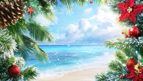 Christmas ornaments frame a bright tropical beach scene