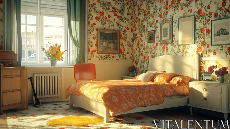 Sunlit floral bedroom showcases warm patterned interior
