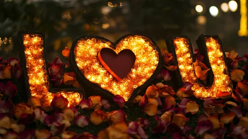 Illuminated Love Declaration with Rose Petals.