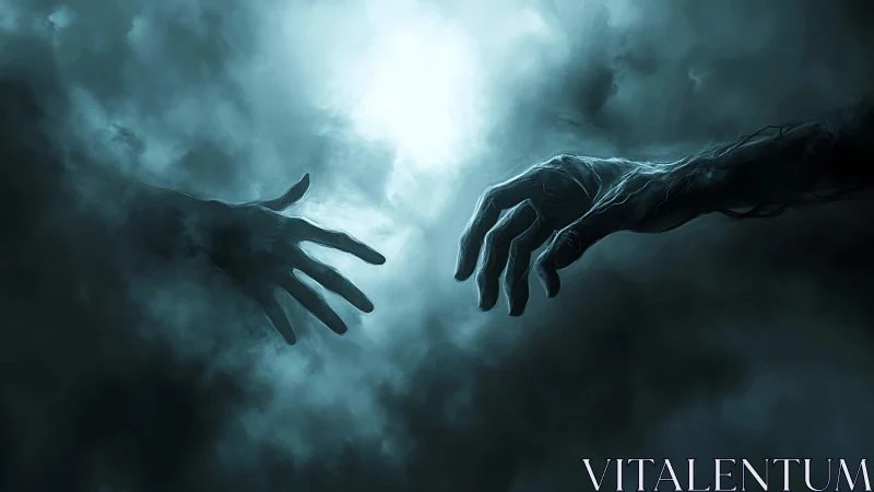 Reaching hands in misty light, suspended between worlds.