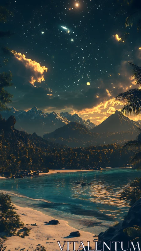 Starlit tropical bay under cosmic night sky panorama.