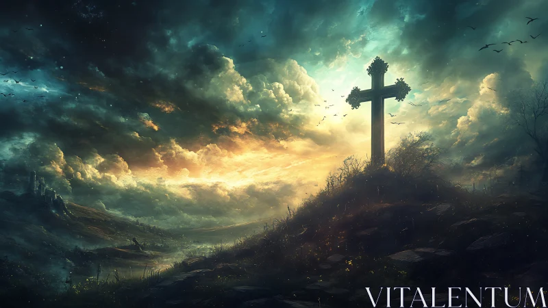 Lone hilltop cross cuts stormlit sky over glowing valley