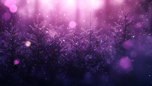 Iridescent winter fir silhouettes under magenta bokeh snowfall