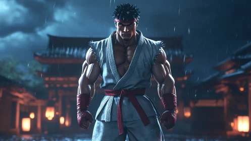 Martial artist in gi standing in rainy temple courtyard at night.