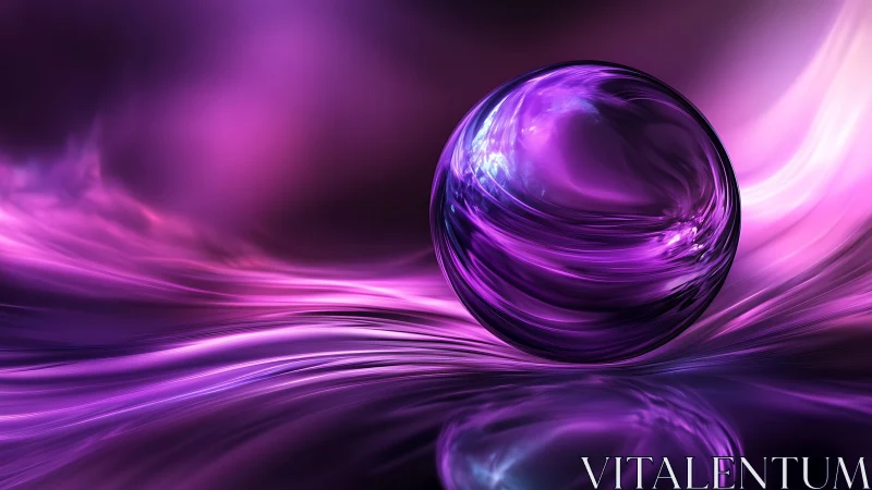 Iridescent violet energy sphere over fluid luminous waves.
