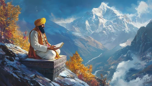 Seated reader on mountain ledge overlooking alpine valley.