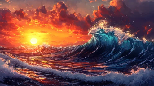 Sunset illuminates large ocean wave under dense cloud cover