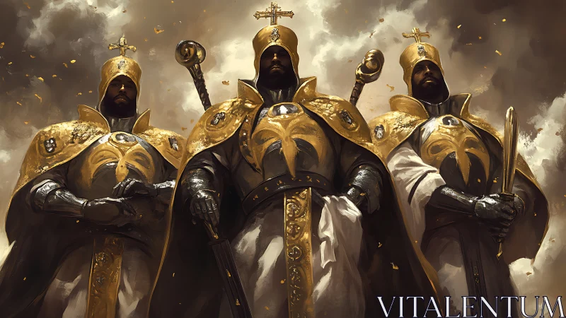 Golden-armored paladins stand beneath storm-filled sky