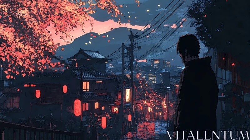 Urban hillside street at dusk with backlit figure and neon lanterns