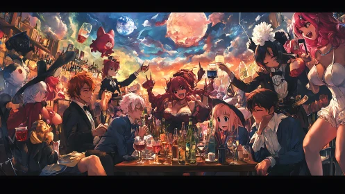 Revelry under twin moons in lavish anime tavern scene.