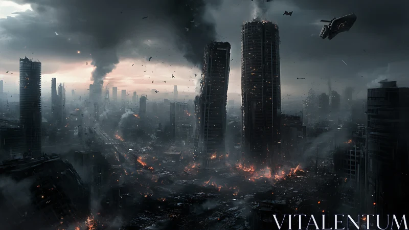 Ruined futuristic city skyline in heavy smoke and fire.