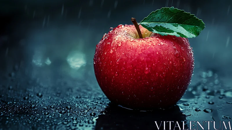 Red apple with water droplets on dark reflective surface.