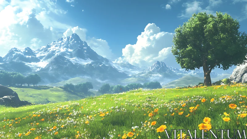 Sunlit wildflower meadow beneath calm snowcapped mountains.