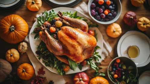 Photorealistic roast turkey centerpiece with autumnal tablescape.