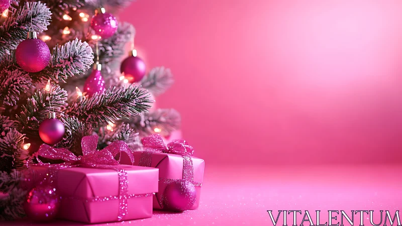 Sparkling pink Christmas tree glows beside festive gifts
